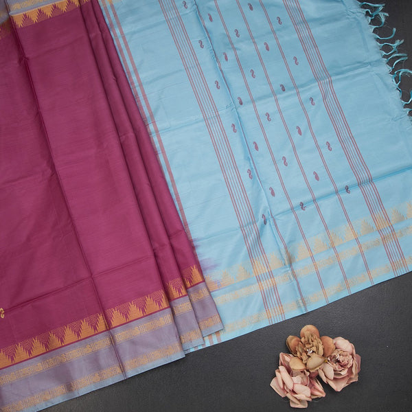 KSRTSR42096-1-Vaazhai-Naar-Dark-Pink-Saree-With-Thread-Buttas-And-Contrast-Pallu-fold