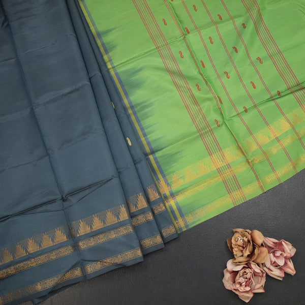KSRTSR42101-1-Vaazhai-Naar-Grey-Saree-With-Thread-Buttas-And-Contrast-Pallu-03-fold