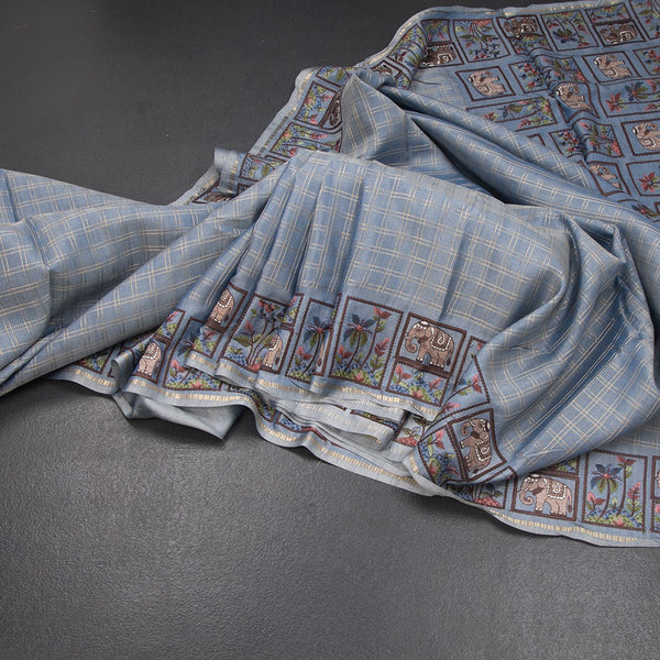 KSRTSR42115-Raw-Silk-Greyish-Blue-Zari-Checked-With-Thread-Work-Saree-main