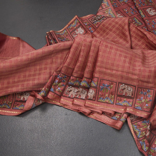 KSRTSR42118-Raw-Silk-Coral-Pink-Zari-Checked-With-Thread-Work-Saree-main