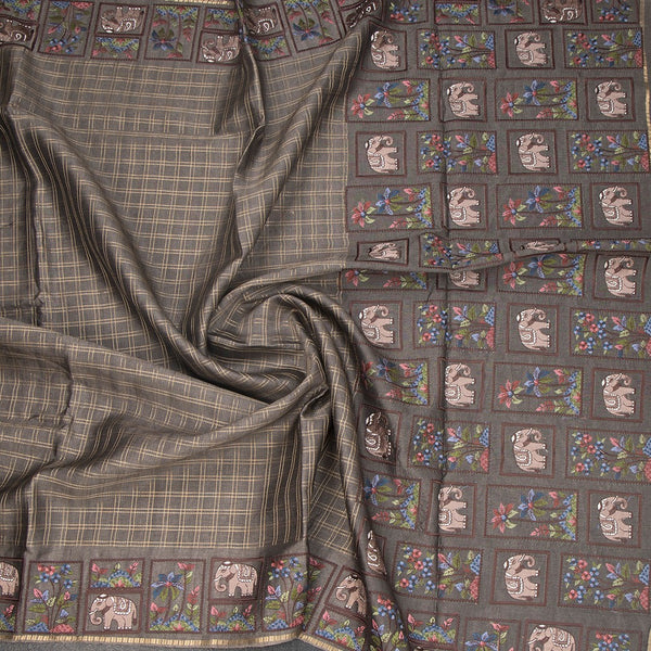 KSRTSR42119-5-Raw-Silk-Grey-Zari-Checked-With-Thread-Work-Saree-crush