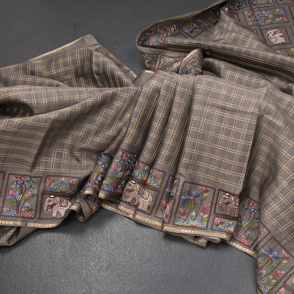 KSRTSR42119-Raw-Silk-Grey-Zari-Checked-With-Thread-Work-Saree-main