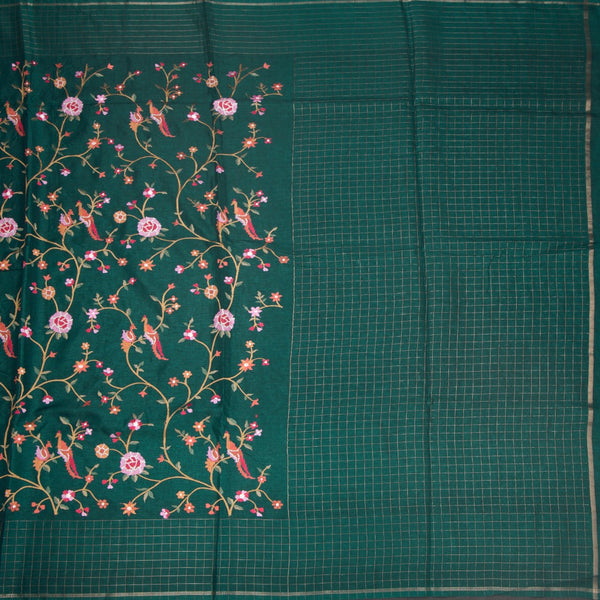 Raw Silk Peacock Green Zari With Thread Work Saree In Birds Design 02