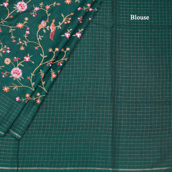 Raw Silk Peacock Green Zari With Thread Work Saree In Birds Design 02