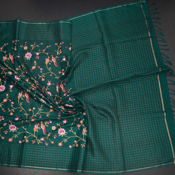 Raw Silk Peacock Green Zari With Thread Work Saree In Birds Design 02