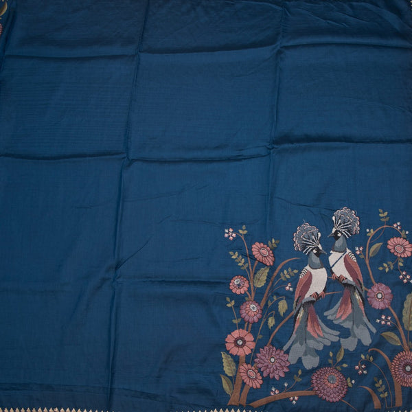 Raw Silk Peacock Blue Thread Work Saree With Birds Design