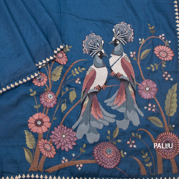 Raw Silk Peacock Blue Thread Work Saree With Birds Design