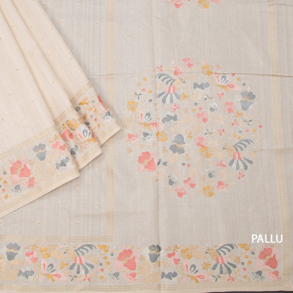 KSRTSR42201-3-Raw-Silk-Cream-Zari-Buttas-And-Thread-Border-pallu