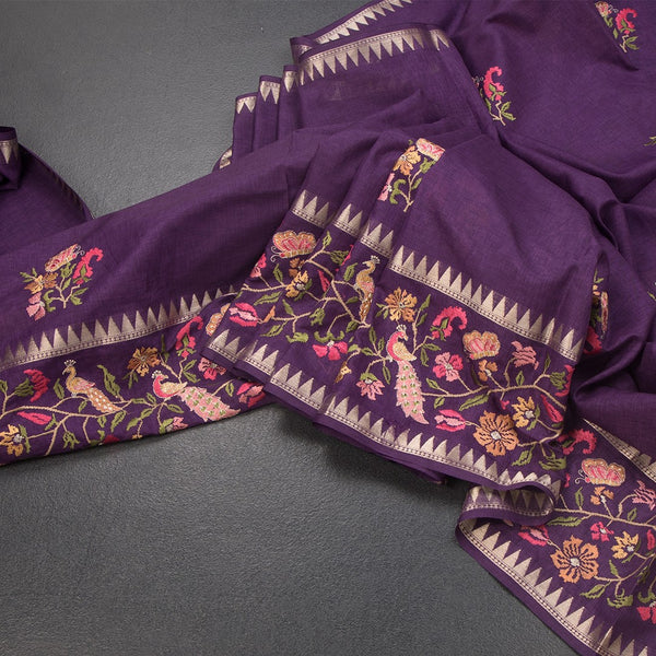 KSRTSR42206-Raw-Silk-Dark-Purple-Floral-Thread-Work-Saree-main