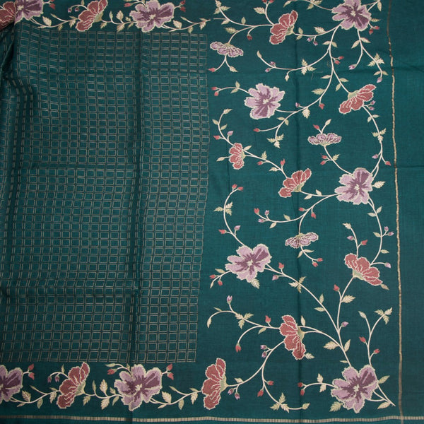 KSRTSR42217-2-Raw-Silk-Teal-Green-Zari-Checked-Saree-And-Floral-Thread-Border-full-veiw