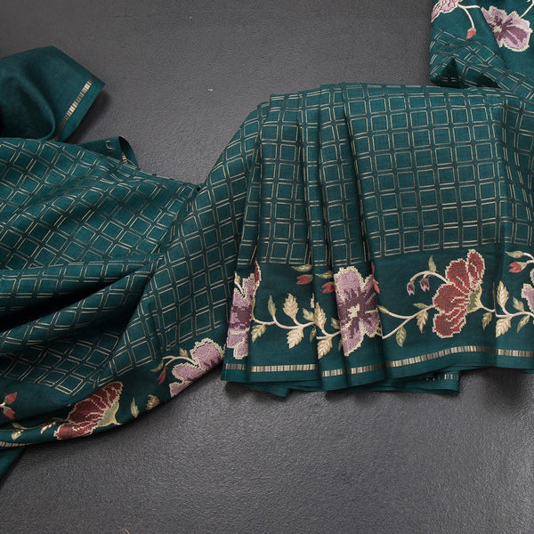 KSRTSR42217-Raw-Silk-Teal-Green-Zari-Checked-Saree-And-Floral-Thread-Border-main