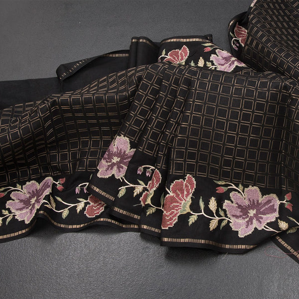 KSRTSR42218-Raw-Silk-Black-Zari-Checked-Saree-And-Floral-Thread-Border-main