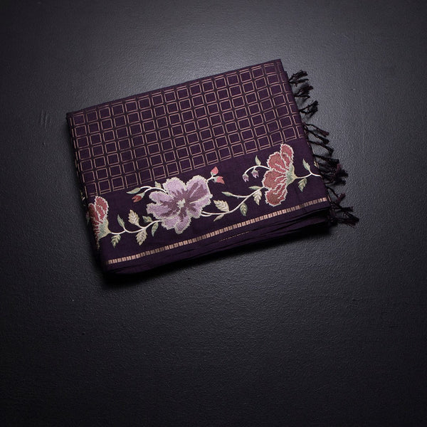 KSRTSR42219-1-Raw-Silk-Dark-Brown-Zari-Checked-Saree-And-Floral-Thread-Border-fold