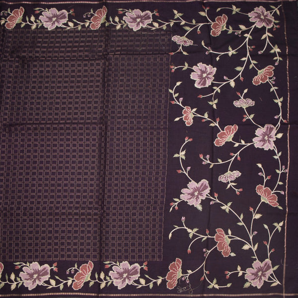 KSRTSR42219-2-Raw-Silk-Dark-Brown-Zari-Checked-Saree-And-Floral-Thread-Border-full-veiw