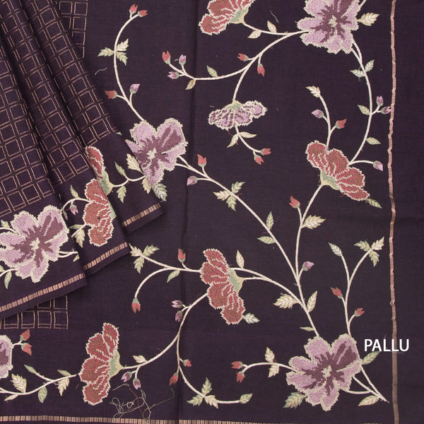 KSRTSR42219-3-Raw-Silk-Dark-Brown-Zari-Checked-Saree-And-Floral-Thread-Border-pallu