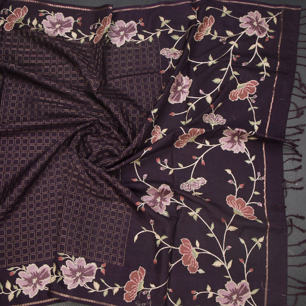 KSRTSR42219-5-Raw-Silk-Dark-Brown-Zari-Checked-Saree-And-Floral-Thread-Border-crush