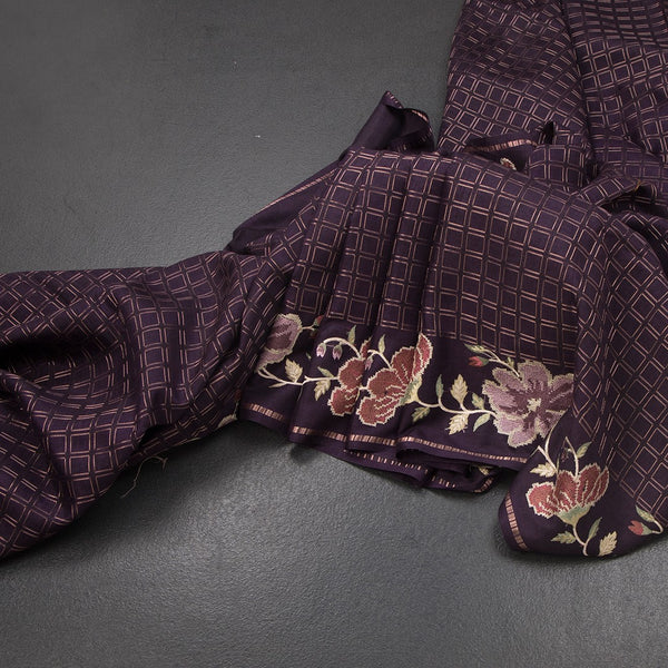 KSRTSR42219-Raw-Silk-Dark-Brown-Zari-Checked-Saree-And-Floral-Thread-Border-main