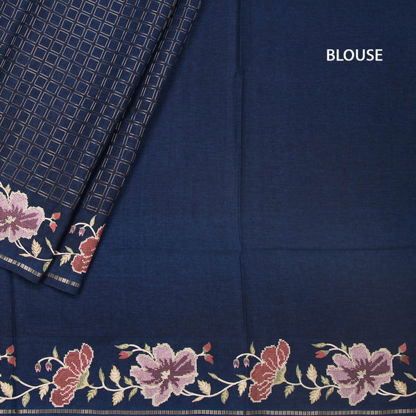 KSRTSR42220-4-Raw-Silk-Dark-Blue-Zari-Checked-Saree-And-Floral-Thread-Border-02-blouse