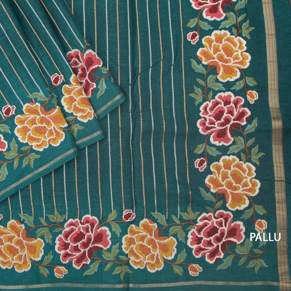 KSRTSR42225-3-Raw-Silk-Teal-Green-Zari-Stripes-Saree-And-Floral-Thread-Border-pallu