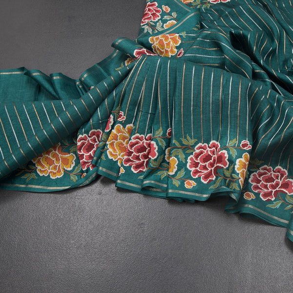 KSRTSR42225-Raw-Silk-Teal-Green-Zari-Stripes-Saree-And-Floral-Thread-Border-main