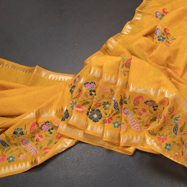 KSRTSR42229-Raw-Silk-Mango-Yellow-Floral-Thread-Work-Saree-main