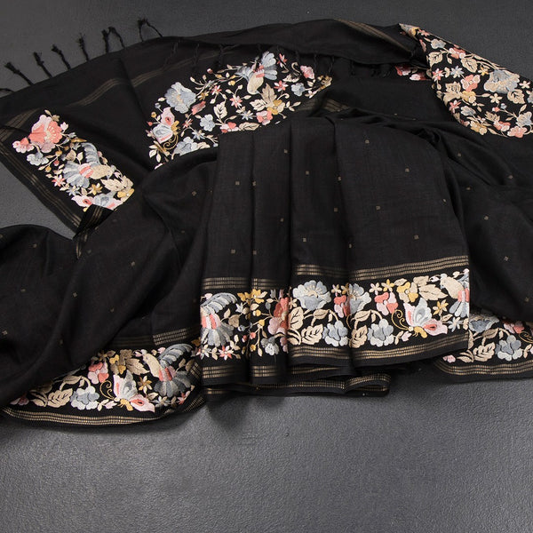 KSRTSR42270-Raw-Silk-Black-Saree-With-Zari-Buttas-And-Thread-Border-main