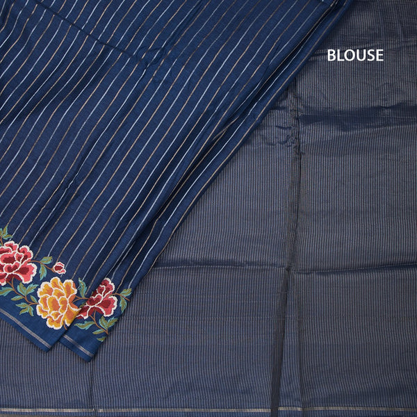 KSRTSR42274-4-Raw-Silk-Dark-Blue-Zari-Stripes-Saree-And-Floral-Thread-Border-blouse
