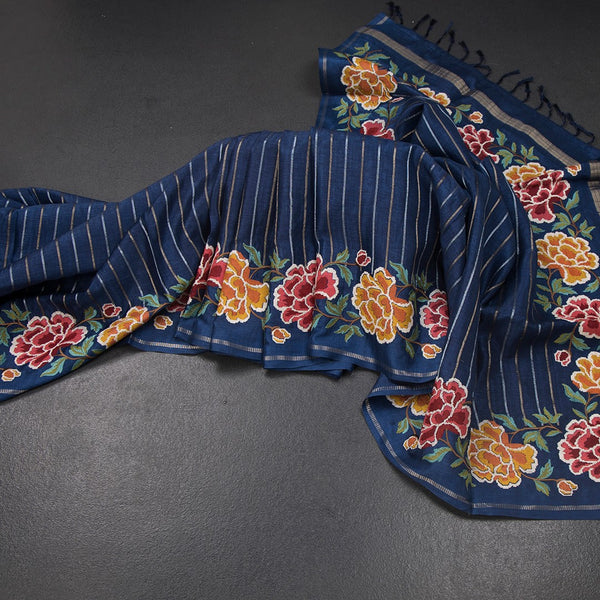 KSRTSR42274-Raw-Silk-Dark-Blue-Zari-Stripes-Saree-And-Floral-Thread-Border-main