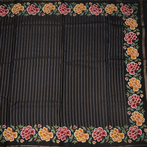 KSRTSR42275-2-Raw-Silk-Black-Zari-Stripes-Saree-And-Floral-Thread-Border-full-veiw