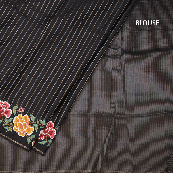 KSRTSR42275-4-Raw-Silk-Black-Zari-Stripes-Saree-And-Floral-Thread-Border-blouse