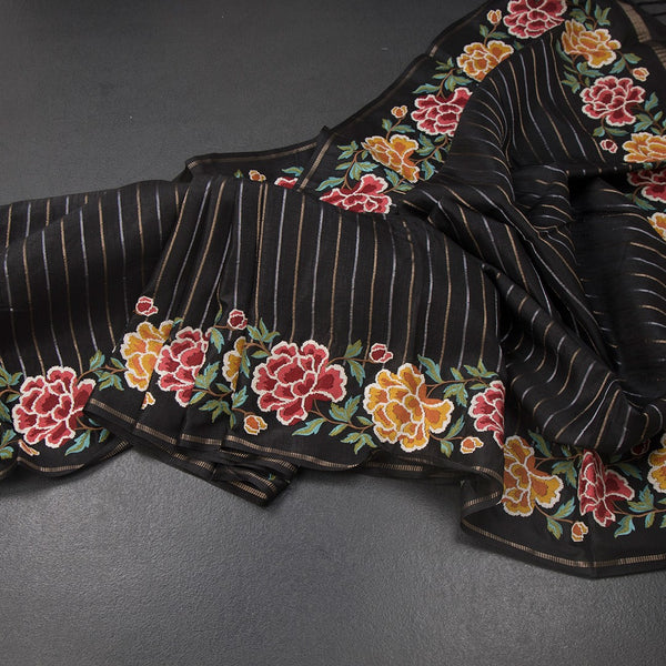 KSRTSR42275-Raw-Silk-Black-Zari-Stripes-Saree-And-Floral-Thread-Border-main