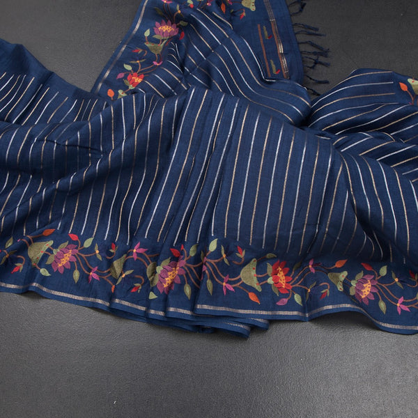 KSRTSR42381-Raw-Silk-Dark-Blue-Zari-Stripes-Saree-And-Thread-Border-02-main