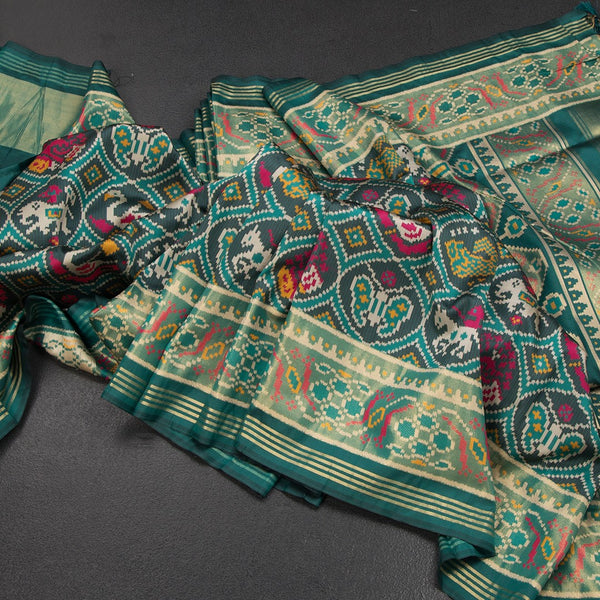 KSRTSR42522-Banaras-Dark-Green-Ikkat-Pattern-Saree-main
