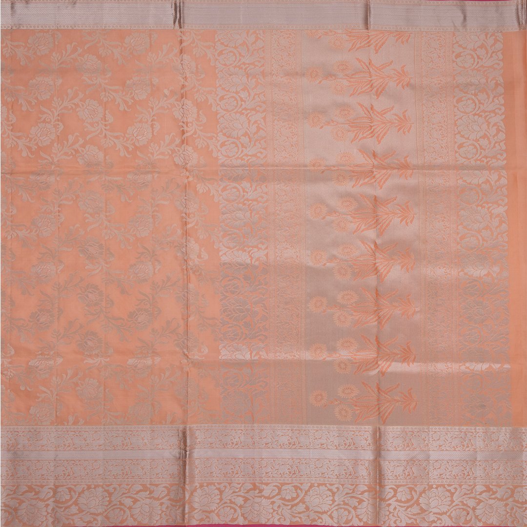 Peach Brocade Soft Silk Saree With Silver Zari Work