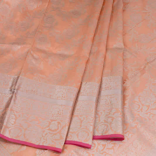 Peach Brocade Soft Silk Saree With Silver Zari Work