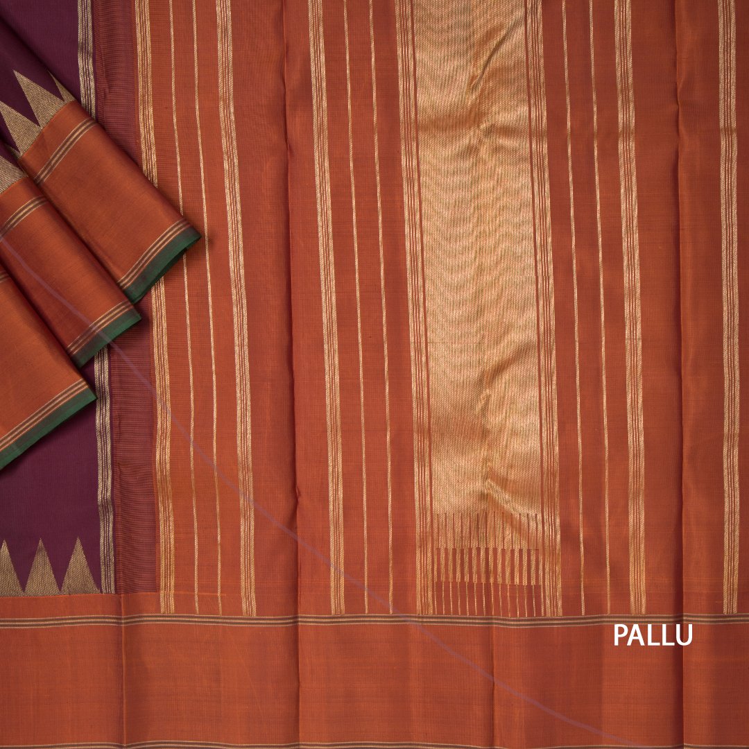 Maroon Plain Handloom Silk Saree With Temple Motif And The Orange Border