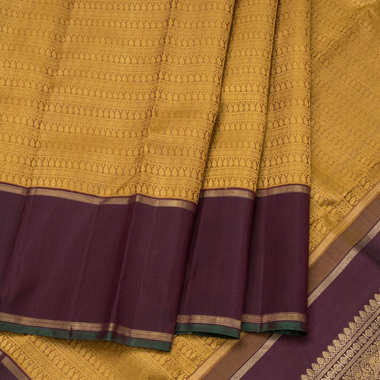 Golden Yellow Handloom Silk Saree With Mango And Chakra Buttas On The Body