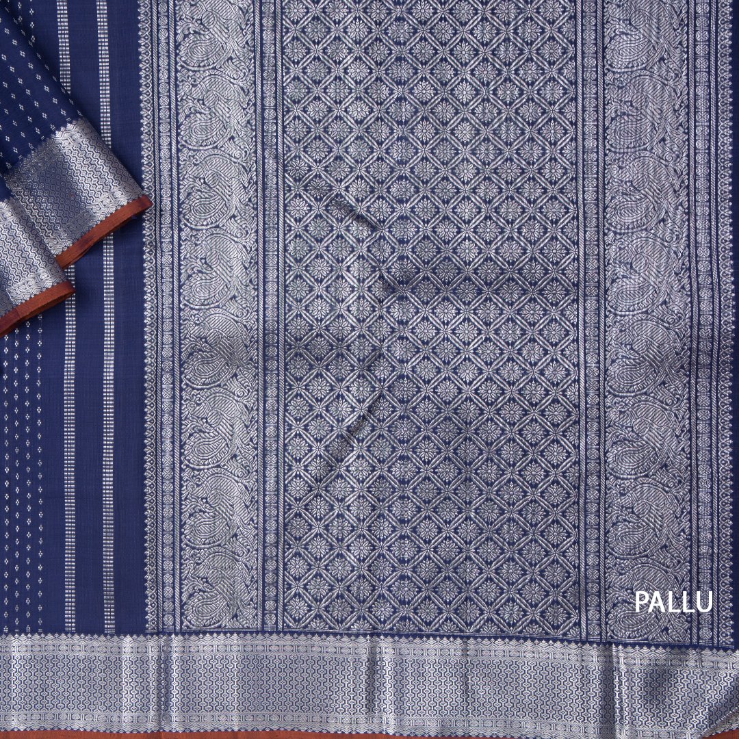 Navy Blue Handloom Silk Saree With Silver Buttas On The Body