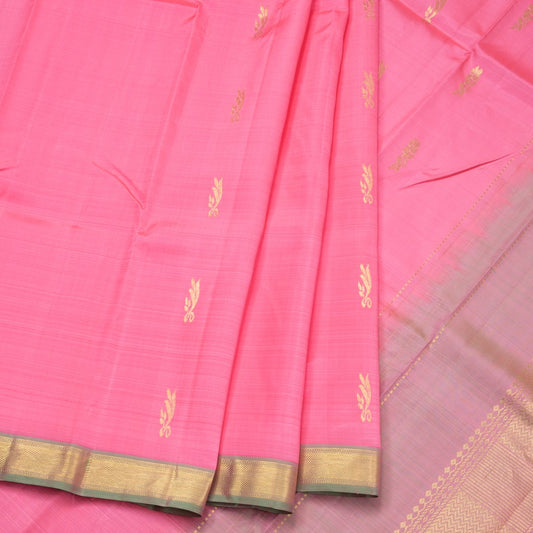 Rose Pink Handloom Silk Saree With Floral Buttas On The Body