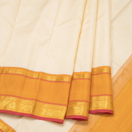 Cream Plain Handloom Silk Saree With Yellow Border
