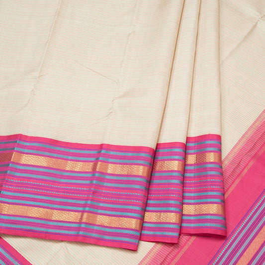 Cream Handloom Striped Silk Saree And Multi Designed Border