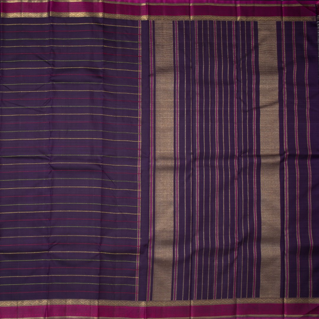 Dark Purple Handloom Silk Saree With Two Colour Zig Zag Design