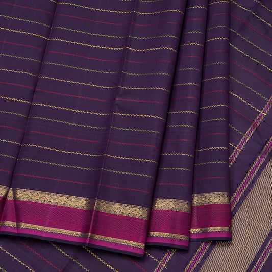 Dark Purple Handloom Silk Saree With Two Colour Zig Zag Design
