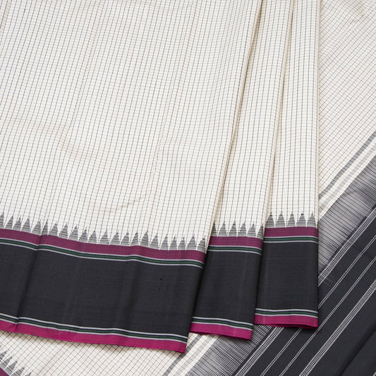 Cream Handloom Checked Silk Saree With Temple Border