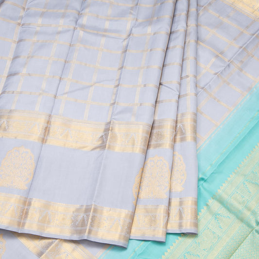 Grey Handloom Checked Silk Saree With Rettapettai Border