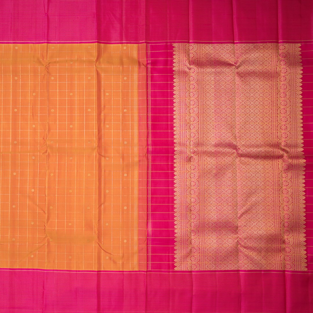Mango Yellow Handloom Checked Silk Saree And Striped Pink Border