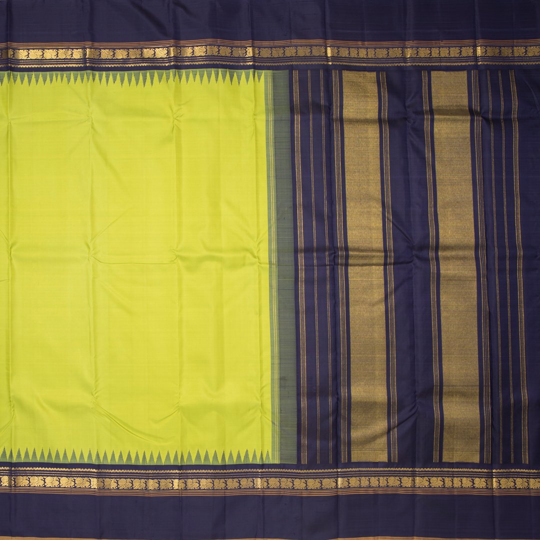 Lime Green Plain Handloom Silk Saree With Temple Border