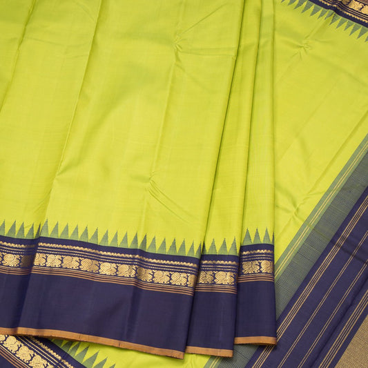 Lime Green Plain Handloom Silk Saree With Temple Border