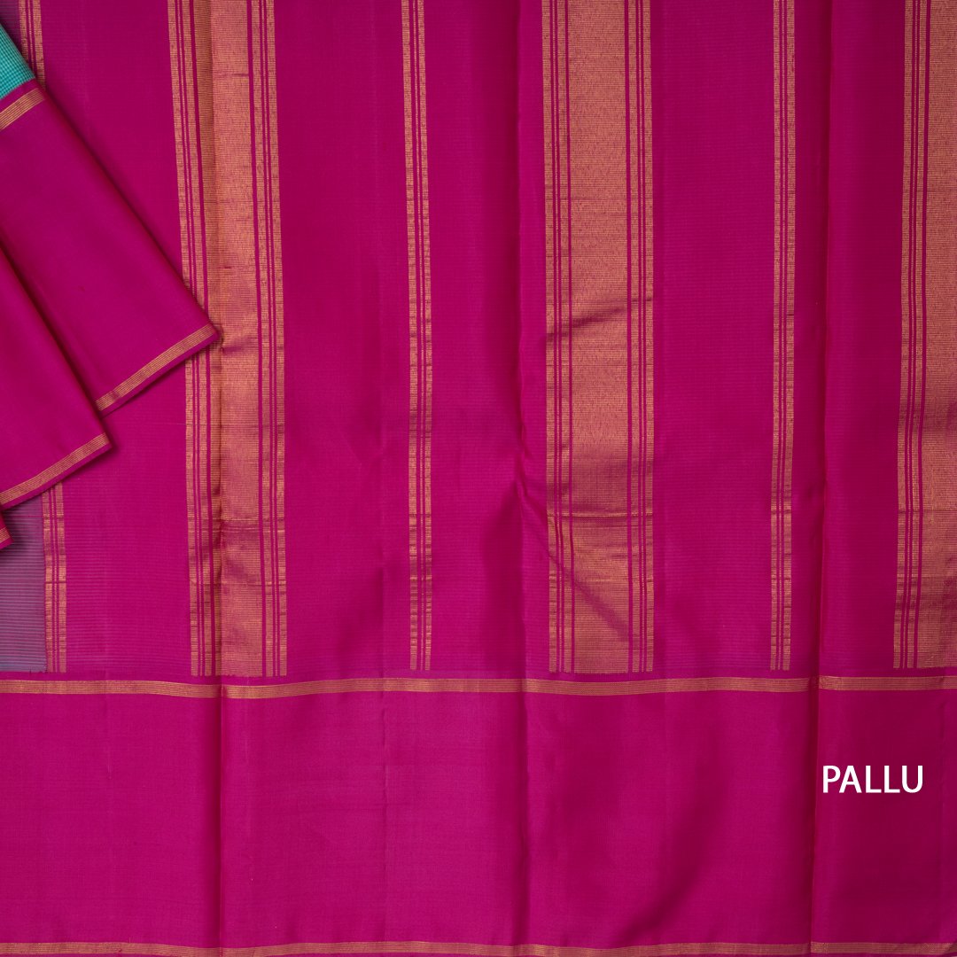 Turquoise Micro Checked Handloom Silk Saree With Two Colour Border