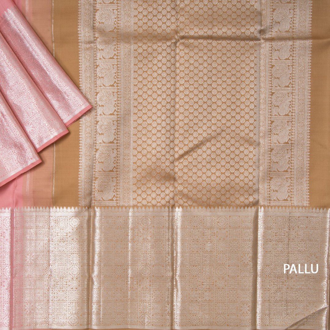 Peach Handloom Silk Saree With Silver Buttas And Multi Designed Border